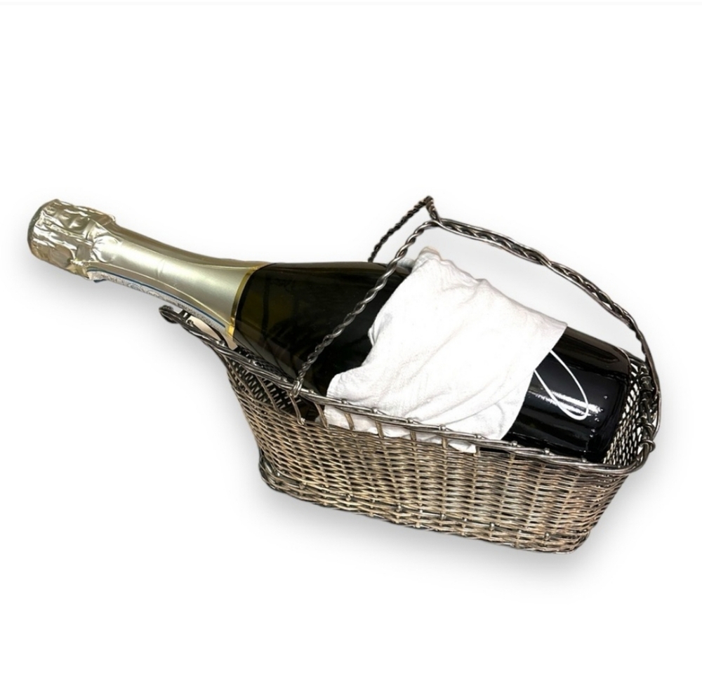 Vintage Handmade Woven Silverplate Wine Bottle Basket VINTAGE
